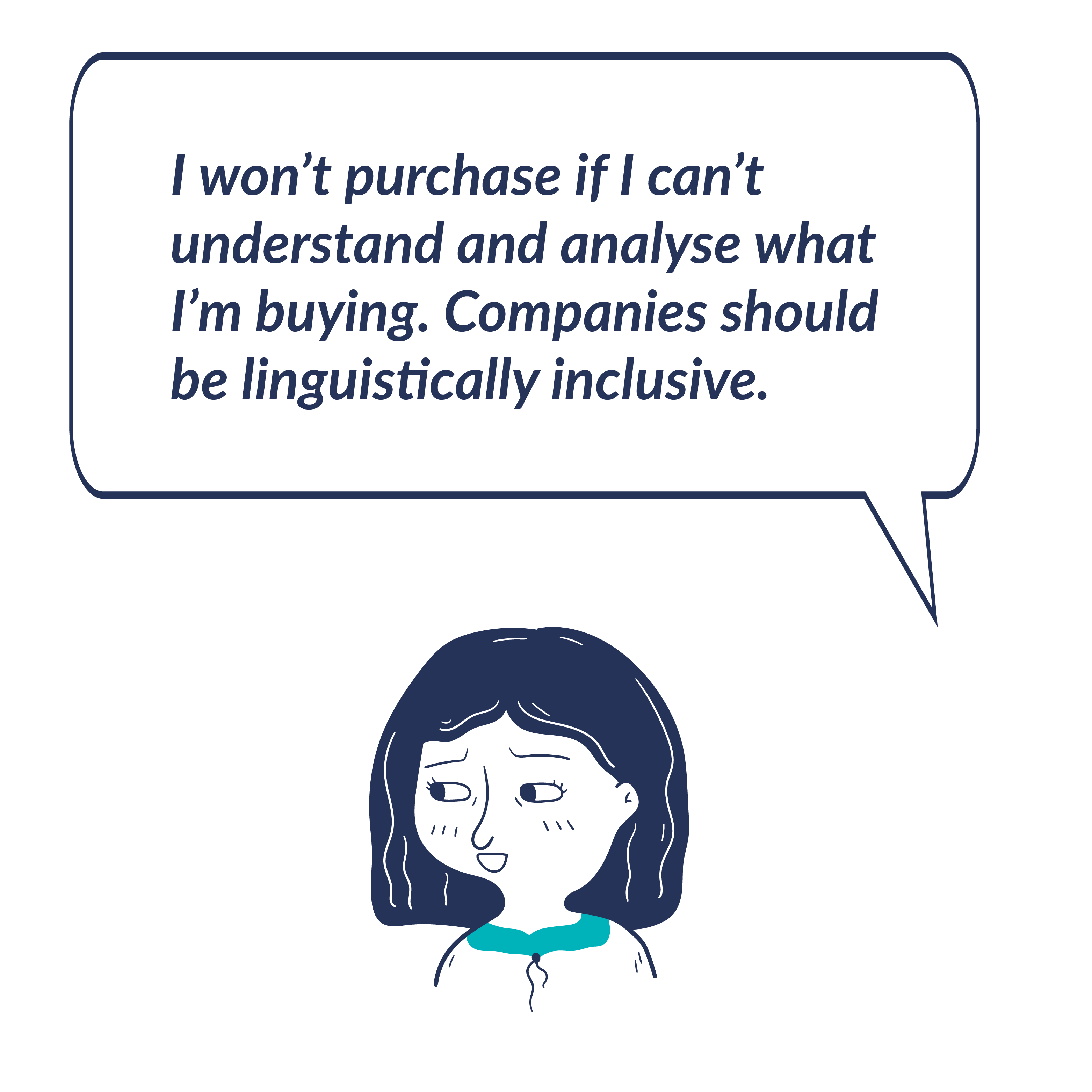 Illustration of woman saying the following sentence: I won&rsquo;t purchase if I can&rsquo;t understand and analyse what I&rsquo;m buying. Companies should be linguistically inclusive.