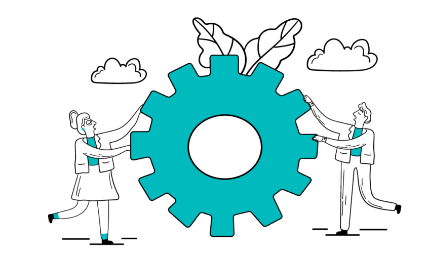 Illustration of two people both holding on a a cog