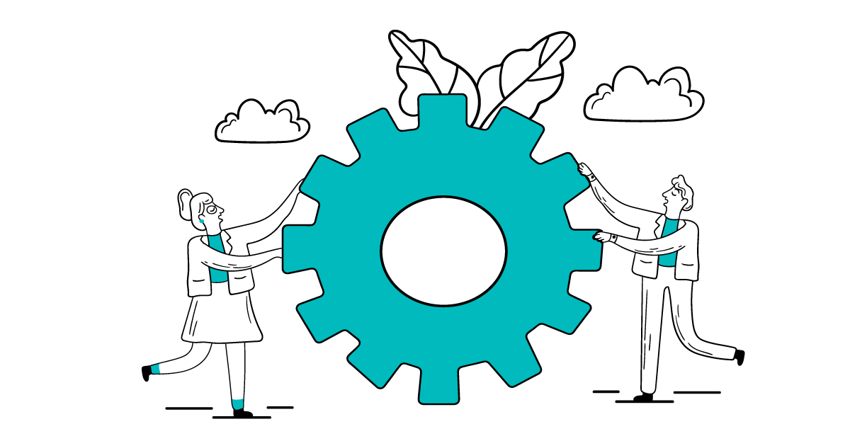 Illustration of two people both holding on a a cog