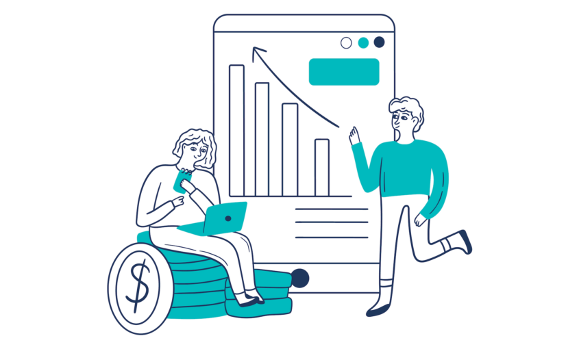 The illustration shows a man and a women looking at financial analytics on a screen