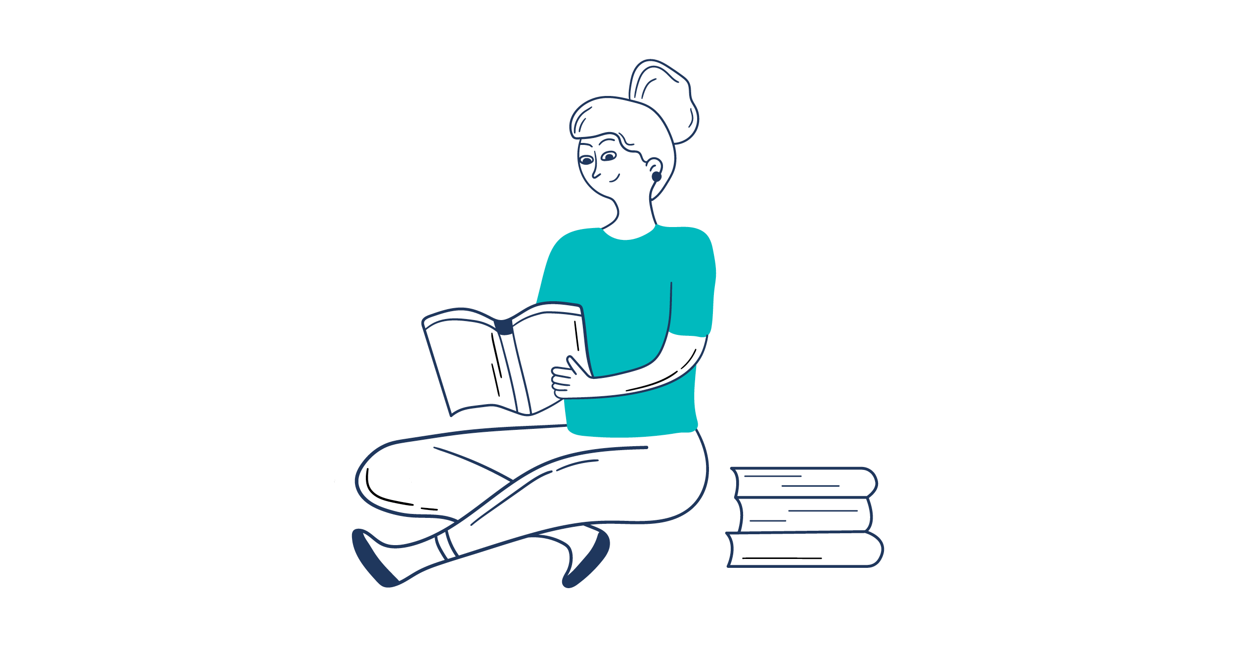 Illustration of young woman sitting down reading and smiling